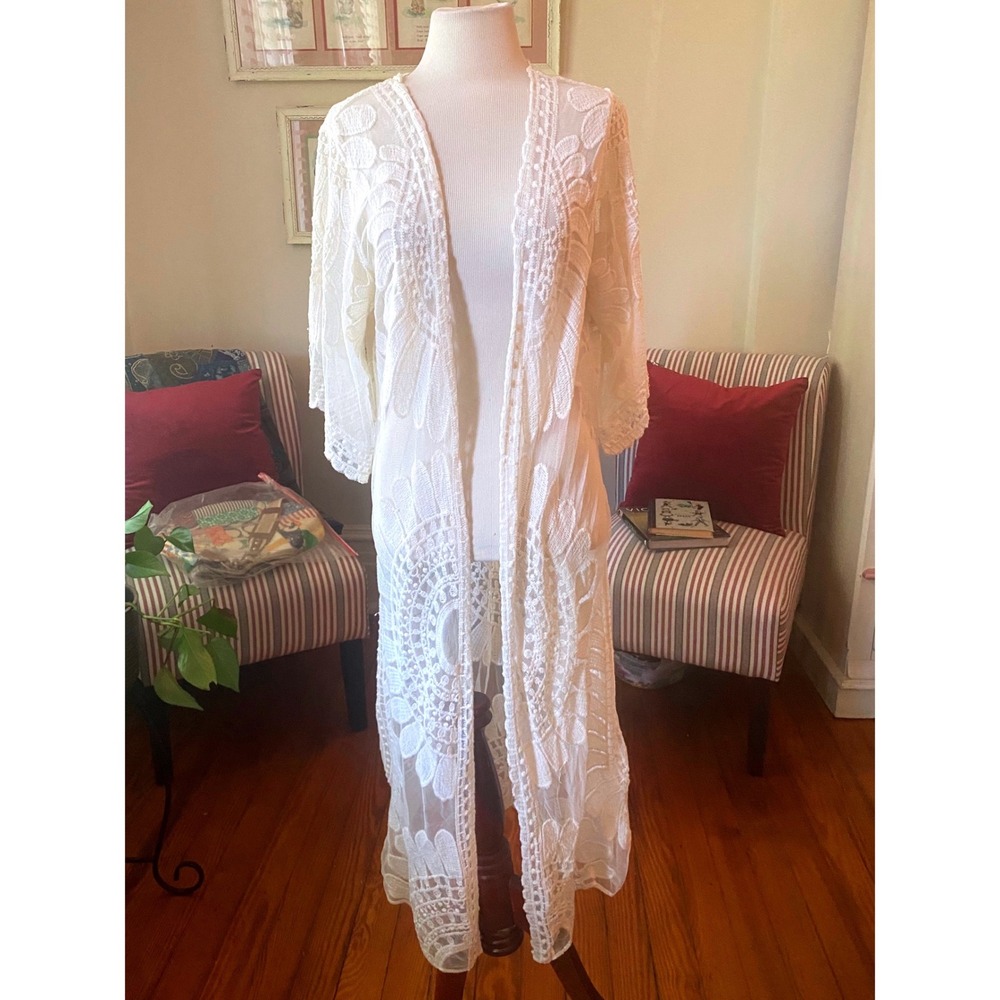 Rebellion Again cream Lace Duster swim coverup Sheer Boho Open Front  Small